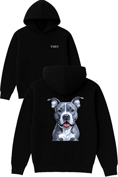 VSRN Hanorac negru supradimensionat cu glugă, cu imprimeu Grey Sweet Dog Design