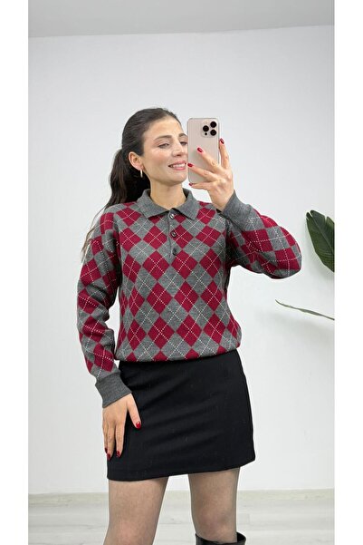 TUNAM BUTİK 3082 Diamond Pattern Polo Neck Knitwear Sweater Burgundy Gray