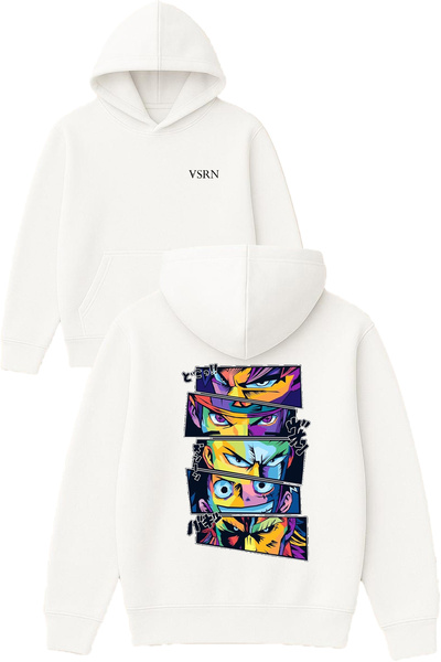 VSRN Hanorac alb supradimensionat cu glugă, imprimat cu design Anime Eyes