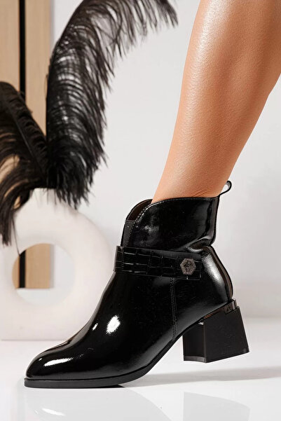 Zaira Botine dama îmblanite negre din piele ecologica lacuita Carla #23072 - 40