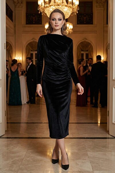 Mossta Μακρυμάνικο βελούδινο μαύρο φόρεμα μίντι