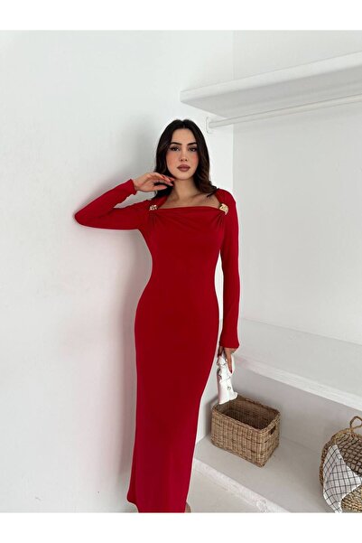 EDAYBUTİK Women's Stylish Long Dress with Collar Buckle Detail