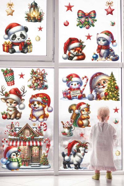 Sticker Ekspres Cheerful Christmas New Year Glass Wall Door Sticker Set Santa Claus Snowman
