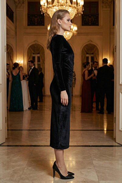 Mossta Μακρυμάνικο βελούδινο μαύρο φόρεμα μίντι