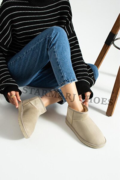 starmarj Kadın Bej Ultra Mini İnce Taban içi kürklü Bot