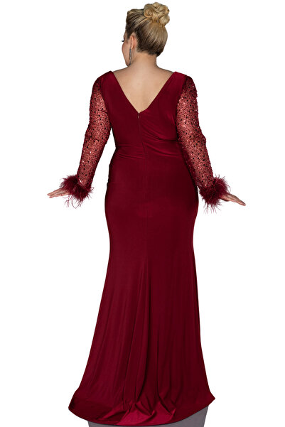 Arden Plus Size Long Evening Dress, Double-Breasted V-Neck, Long Sleeve with Sequined Otriche, Slit , Wedding Fish Evening Dress,46-56