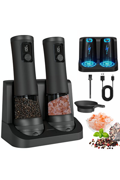 JUSTNET Set of 2 Electric Grinders for Salt, Pepper and Spices, LED Lighting and Digital Display