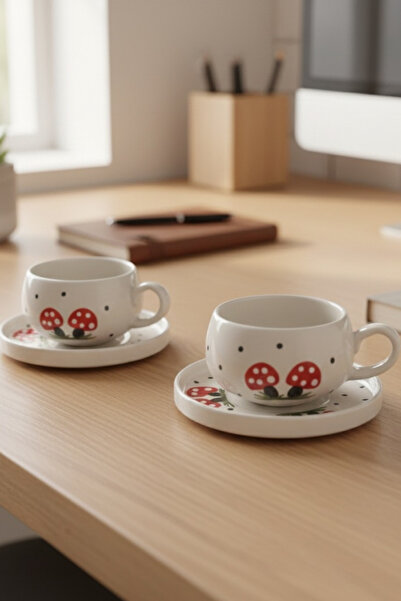 Janset Kütahya Handmade Mushroom Patterned Mug with 2 Plates