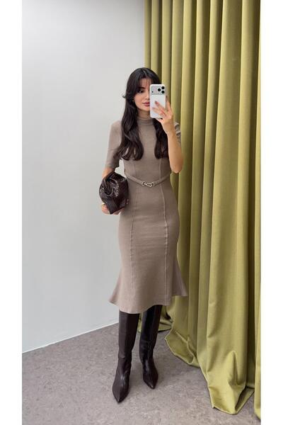 HAZELANNA Dik Yaka Kemerli Elbise