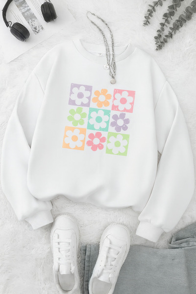 PALPİTO سويت شيرت نسائي أبيض مربع الشكل مطبوع برقبة دائرية قصة فضفاضة