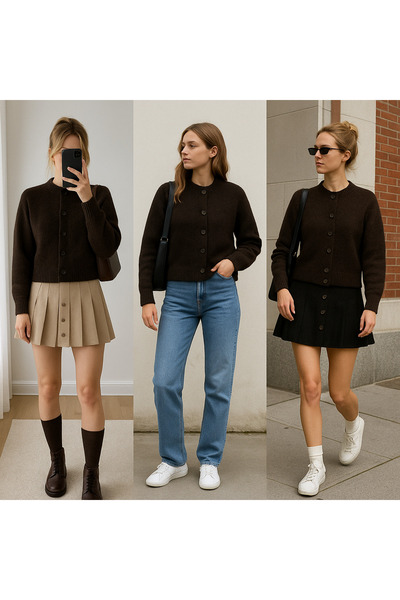 Anna Aci Kahverengi triko ceket kazak premium kalite