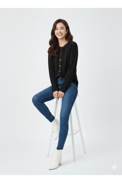 CELTMODA Women's Glitter Detailed Buttoned Mini Cardigan - Black