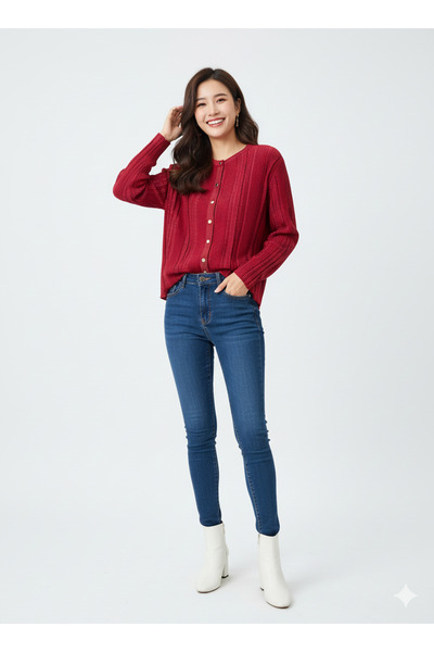 CELTMODA Women's Glitter Detailed Buttoned Mini Cardigan - Red