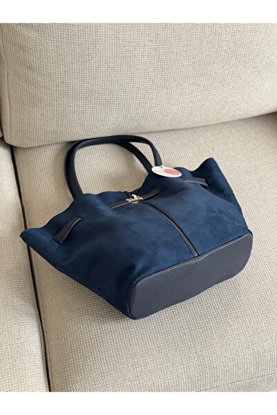 BAGLOVİS Navy Blue Suede Women's Shoulder Bag with Lock Detail on the Front En40 Boy25