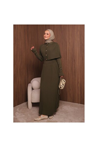 MAMAYAGA Γυναικείο μακρυμάνικο σχέδιο με κολάρο σάλι, κατάλληλο για χιτζάμπ, με λεπτομέρεια με κουμπιά παντσό, πλεκτό, κομψό μάξι μακρύ φόρεμα