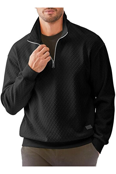 OEM Men's Casual Long Sleeve Black Pullover Sweater with 1/4 Zipper M