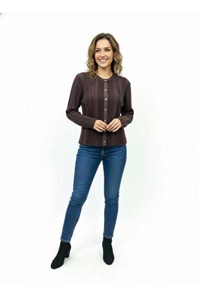 CELTMODA Women's Glitter Detailed Buttoned Mini Cardigan - Burgundy