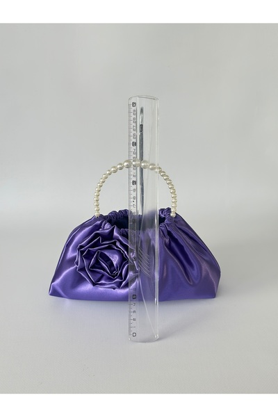 posst bag Geantă de mână pentru rochie de seară din satin mov cu trandafiri și perle
