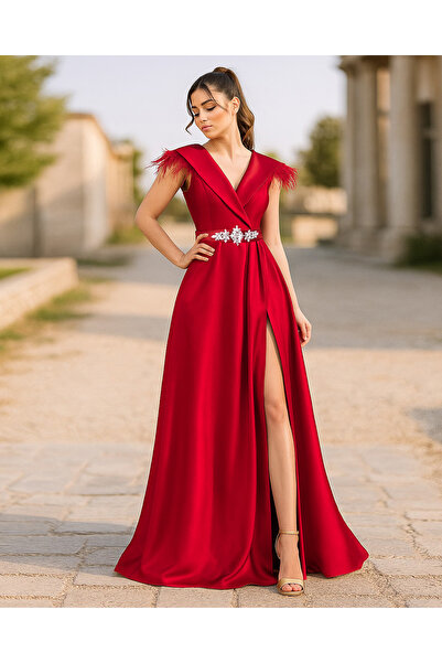Perdonna Premium long dress made of elastic taffeta, wrap-around bodice and decorative feathers - Karina 51035