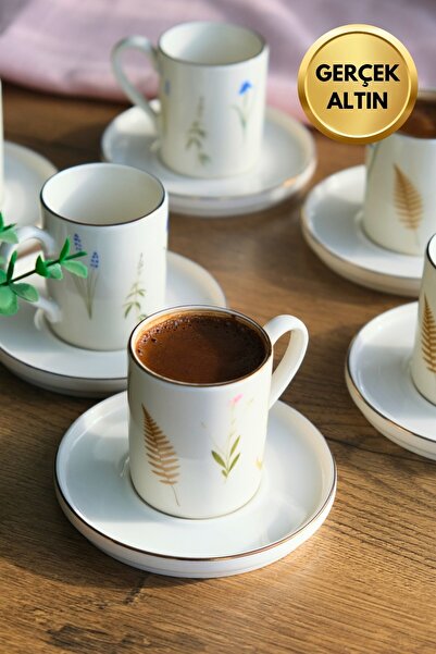 tabakevi Tabak Evi Porselen Natura Karma Altın Yaldızlı Kahve Fincan Takımı 90cc 6 Kişilik 12 Parça