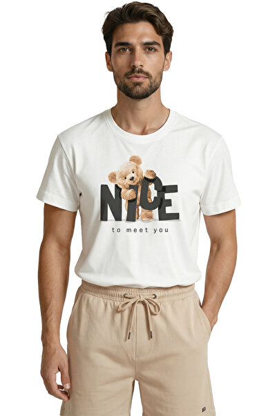 Color Luxe تي شيرت رجالي فاخر مكتوب عليه ''Nice To Meet You'' ودب لطيف من الق...