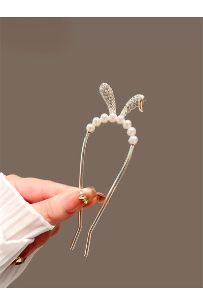 Pelin Aksesuar Gold-tone rabbit ear hair clip with pearl accent