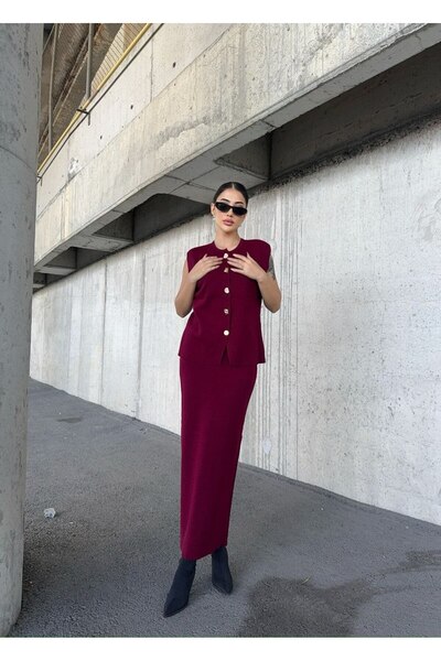 Cistern İstanbul Women's Button Detailed Knitwear Skirt Suit