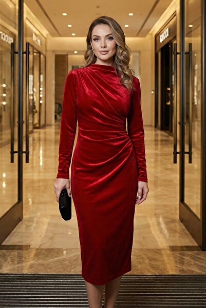 Mossta Red Draped Velvet Midi Dress