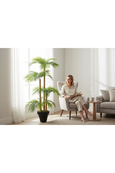 ERHAN FLOWERS Yapay Palmiye Ağacı Bambu 4 Gövdeli 36 Yaprak 145 CM beyaz plas...