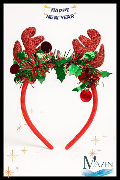 MAZEN Coroana de Anul Nou cu coarne de cerb decorate |   Detaliat cu sclipici și frunze |   Accesoriu pentru Anul Nou și petreceri