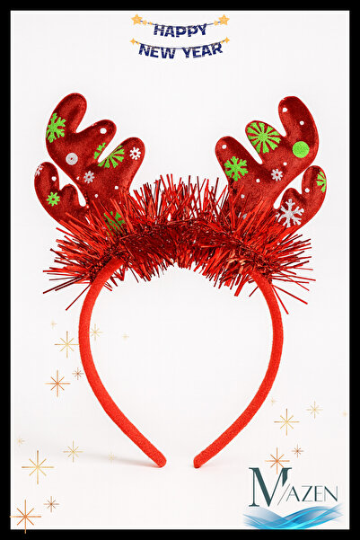MAZEN Coroană cu coarne de cerb de Anul Nou, cu sclipici roșii și paiete, accesoriu pentru costum de petrecere de Anul Nou