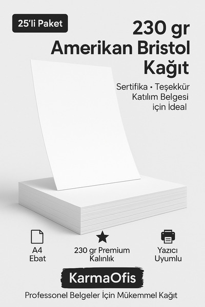 KarmaOfis A4 230 gr Amerikan Bristol Sertifika Kağıdı (25’li Paket) – Kalın B...