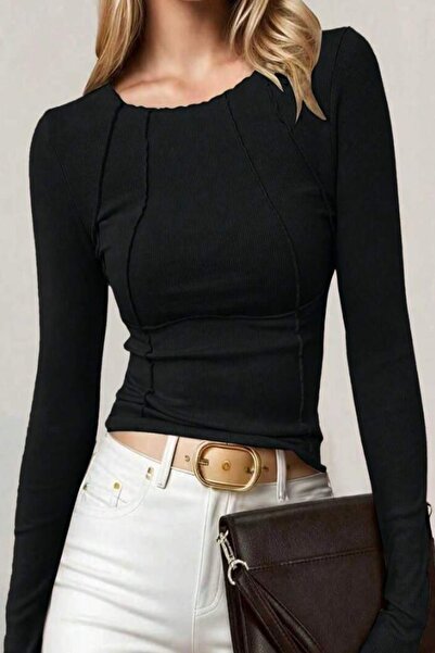 BESTYSO Γυναικεία μπλούζα με μακρυμάνικο μονόχρωμο σχέδιο με λεπτομέρεια ραφής