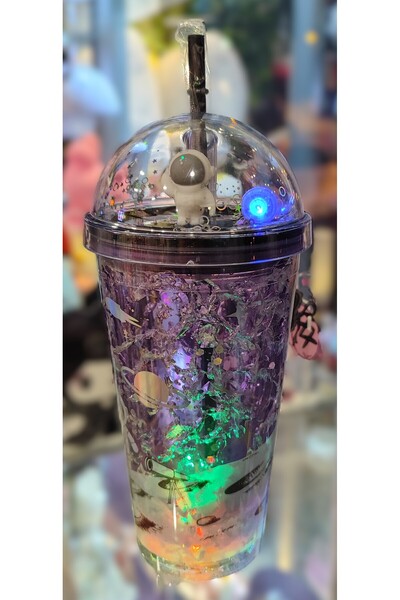 ada çanta kırtasiye Işıklı model süslü kapaklı pipetli plastik bardak 470ml A...