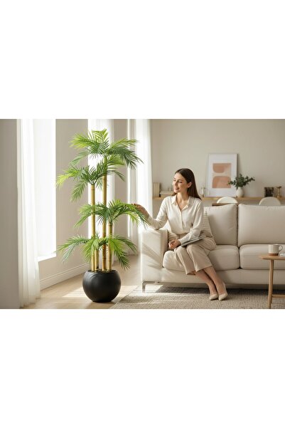 ERHAN FLOWERS Yapay Palmiye Ağacı Bambu 4 Gövdeli 36 Yaprak 145 CM siyah küre saksılı