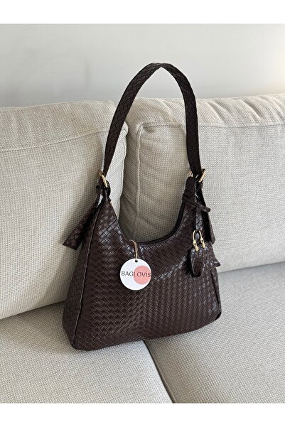 BAGLOVİS Askisi Toka Detailled Mini Wallet Knitted Brown Women's Shoulder Bag En34 Boy22