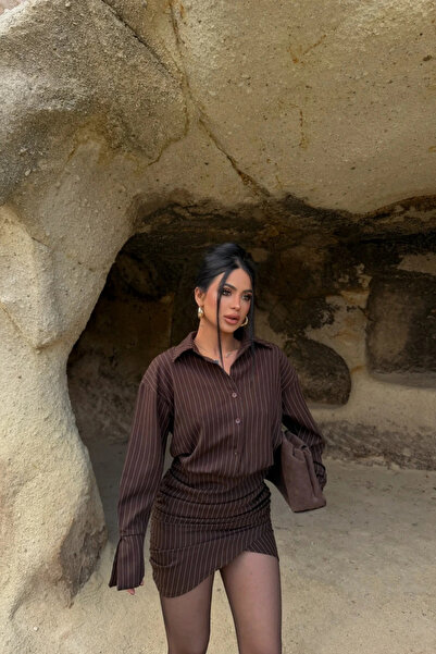 MOZENA Çizgili Double Kumaş Mini Gömlek Elbise