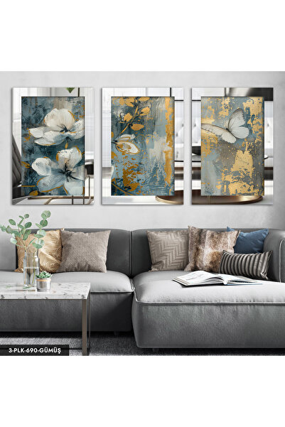 Evinemoda Yağlı Boya Görünümlü Kelebek ve Çiçekler 3 Parça Gümüş Pleksi Aynal...