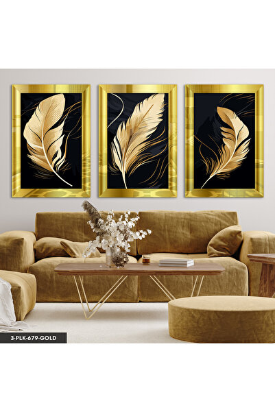 Evinemoda Gold Tüyler 3 Parça Gold Pleksi Aynalı Tablo