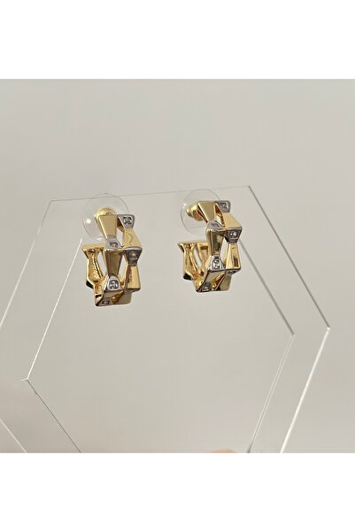 mibrillo Brand Equivalent Two-Tone Stone Detailed Hoop Earrings