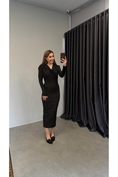elif teke Degaje Yaka Stone Shoulder Pad Piece Dress Black