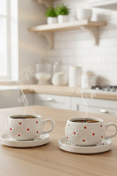 Janset Kütahya El Yapımı Tabaklı 2li Papatya Desenli Kupa