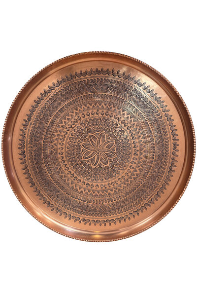 Binbir Trend 62 cm Hand Embroidered Authentic Patterned Thick Urfa Copper Tray + Foldable Coffee Table - Copper-Tps497