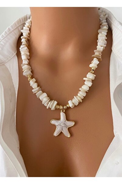 TARZ-I TAKI Natural Stone Cream Color Natural Stone Special Design End Star Necklace