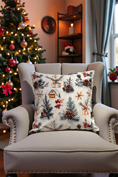 DECOROMA Husă de pernă cu conuri de pin Peisaj de iarnă