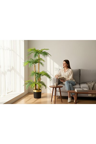 ERHAN FLOWERS Yapay Palmiye Ağacı Bambu 4 Gövdeli 36 Yaprak 145 CM siyah gold saksılı