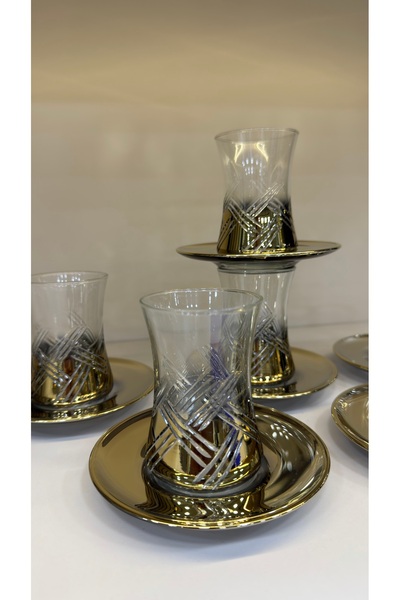 Vakıf home Titanyum Kaplama Kesme El İşi Gold6 Kişilik 12 Parça Çay Seti Takımı