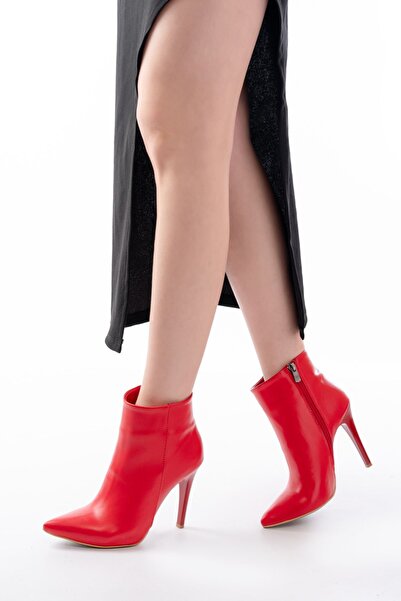 Zerenyus Zri̇n-4802 Premium Red High Thin Heeled Zippered Women's Boots