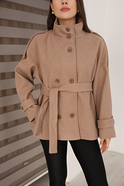 Leo Ferre Women's Kırem Kaşe Double-Breasted Collar Belted Coat. 1891.