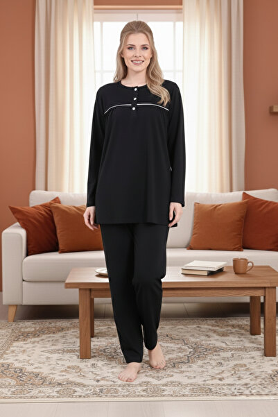 Lohusa Homewear Women's Black Stylish Long Sleeve Buttoned Plus Size (Oversiz...